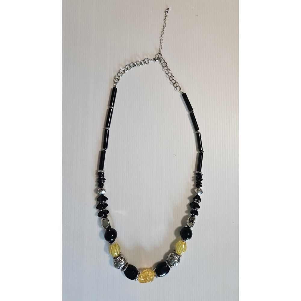 Black and Yellow Beaded Statement Necklace Silver Tone Chunky Adjustable